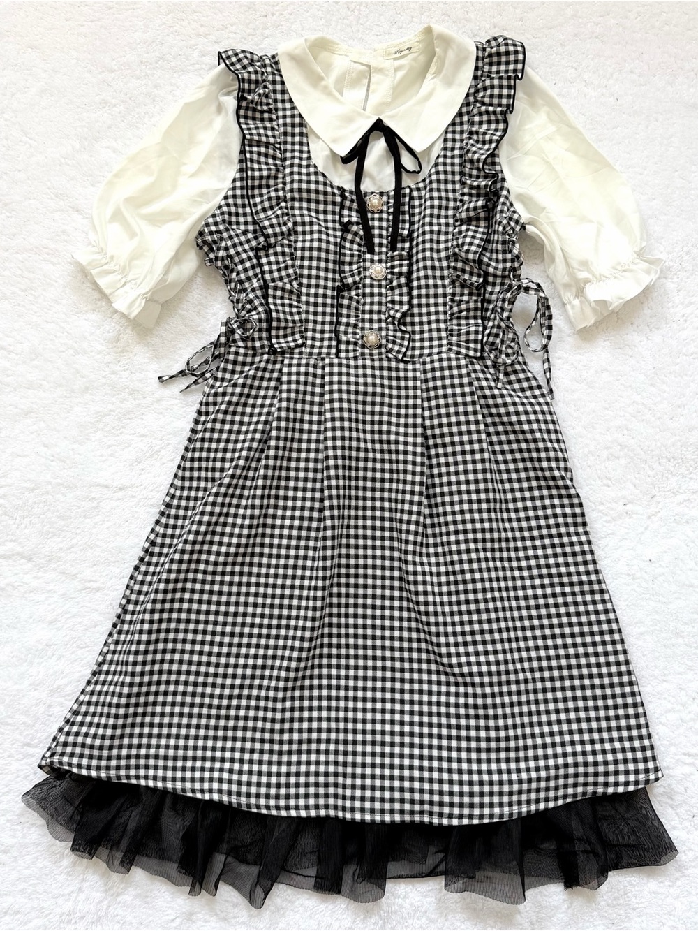 Jirai Kei Ryosan Lolita Bow Lace Japan Grey Black Dress Gothic Plaid Women L